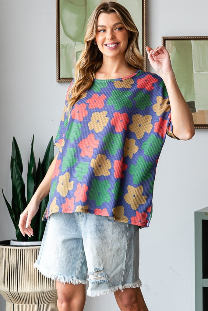 HOPELY Full Size Floral Round Neck Side Slit T-Shirt-Timber Brooke Boutique, Online Women's Fashion Boutique in Amarillo, Texas