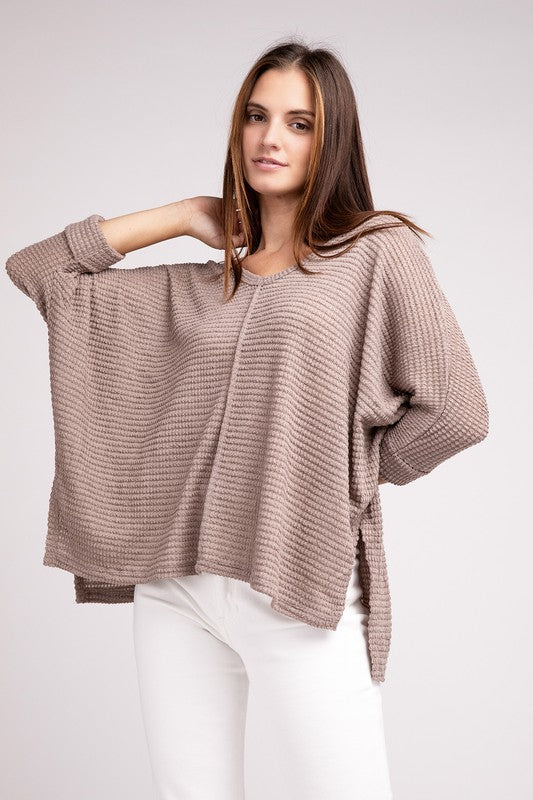 3/4 Sleeve V-Neck Hi-Low Hem Jacquard Sweater-Timber Brooke Boutique, Online Women's Fashion Boutique in Amarillo, Texas