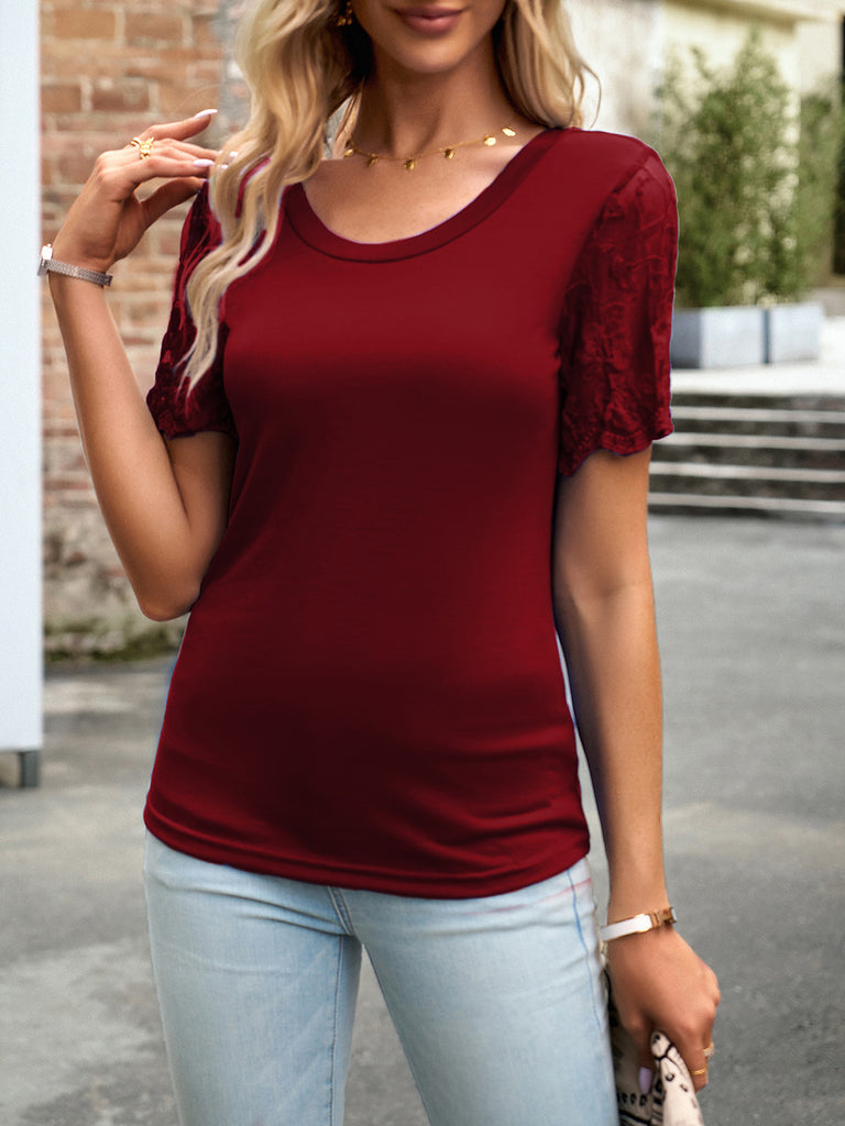 Lace Detail Round Neck Short Sleeve T-Shirt-Timber Brooke Boutique, Online Women's Fashion Boutique in Amarillo, Texas