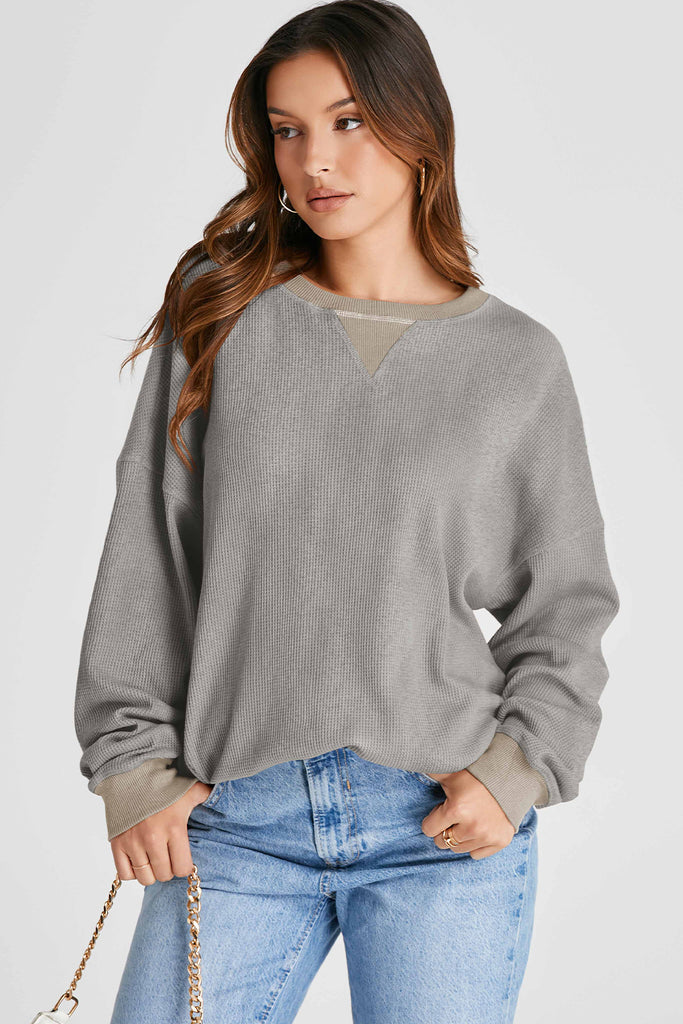 Waffle-Knit Long Sleeve Sweatshirt-Timber Brooke Boutique, Online Women's Fashion Boutique in Amarillo, Texas