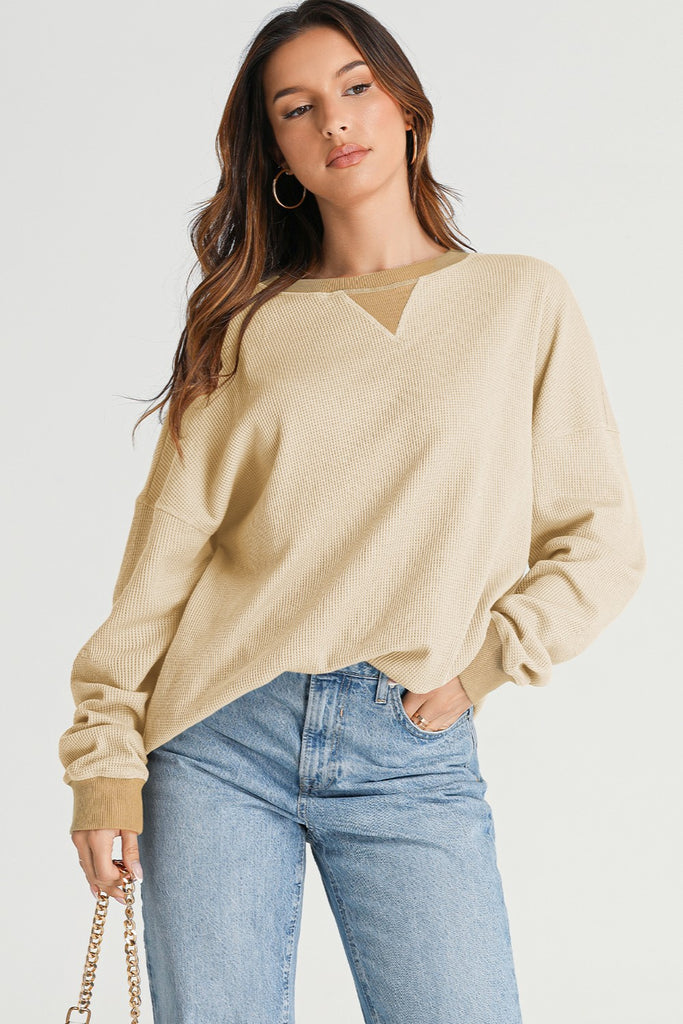 Waffle-Knit Long Sleeve Sweatshirt-Timber Brooke Boutique, Online Women's Fashion Boutique in Amarillo, Texas