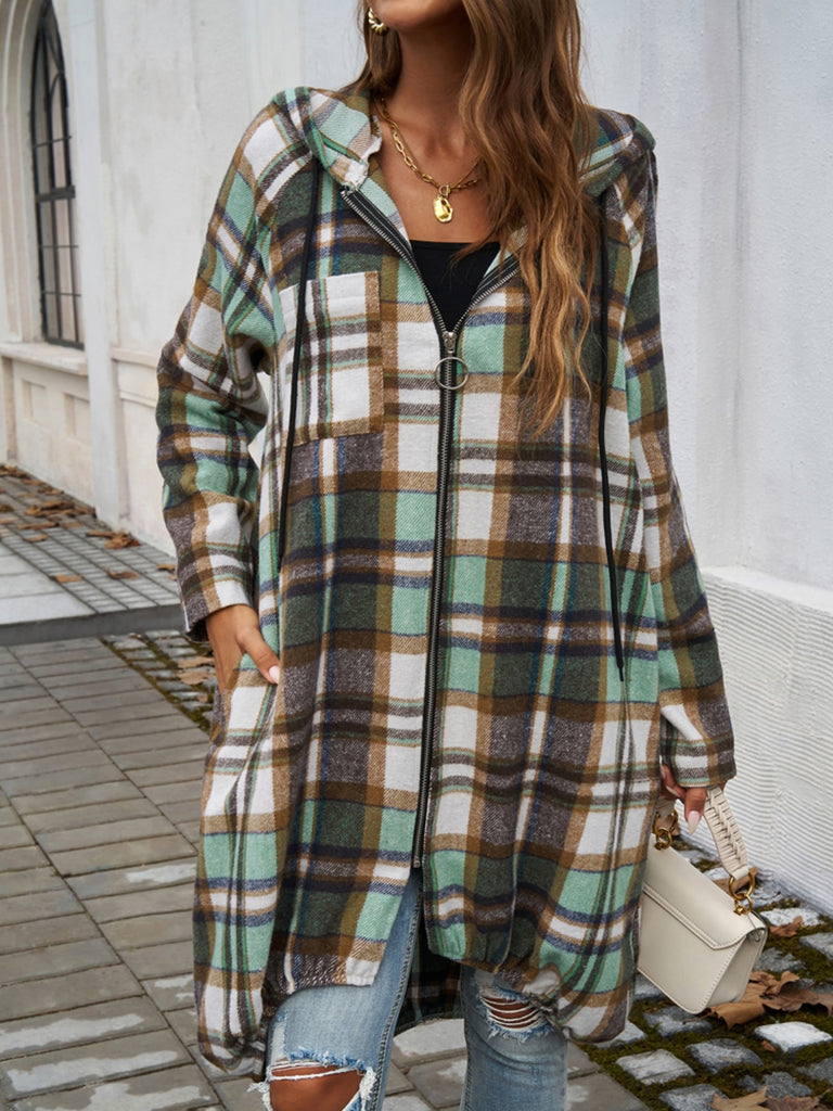 Plaid Zip Up Hooded Coat-Timber Brooke Boutique, Online Women's Fashion Boutique in Amarillo, Texas