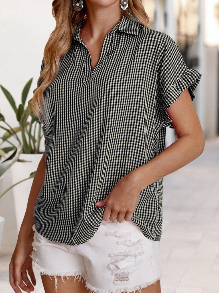 Plaid Notched Short Sleeve Blouse-Timber Brooke Boutique, Online Women's Fashion Boutique in Amarillo, Texas