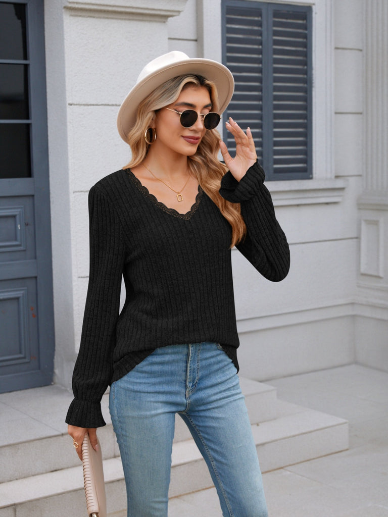 Lace Detail V-Neck Long Sleeve T-Shirt-Timber Brooke Boutique, Online Women's Fashion Boutique in Amarillo, Texas