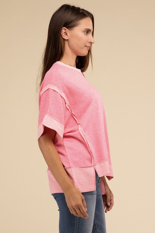 Contrast Trim Top Stitching Drop Shoulder Top-Timber Brooke Boutique, Online Women's Fashion Boutique in Amarillo, Texas