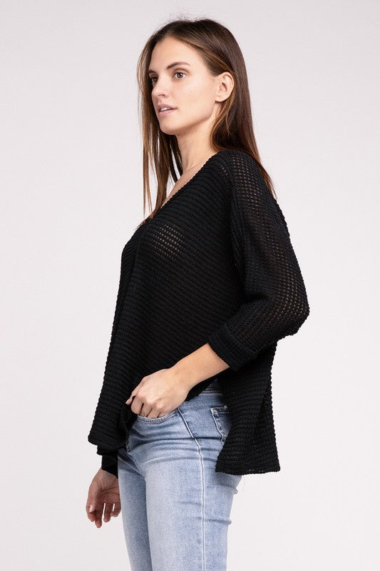 3/4 Sleeve V-Neck Hi-Low Hem Jacquard Sweater-Timber Brooke Boutique, Online Women's Fashion Boutique in Amarillo, Texas