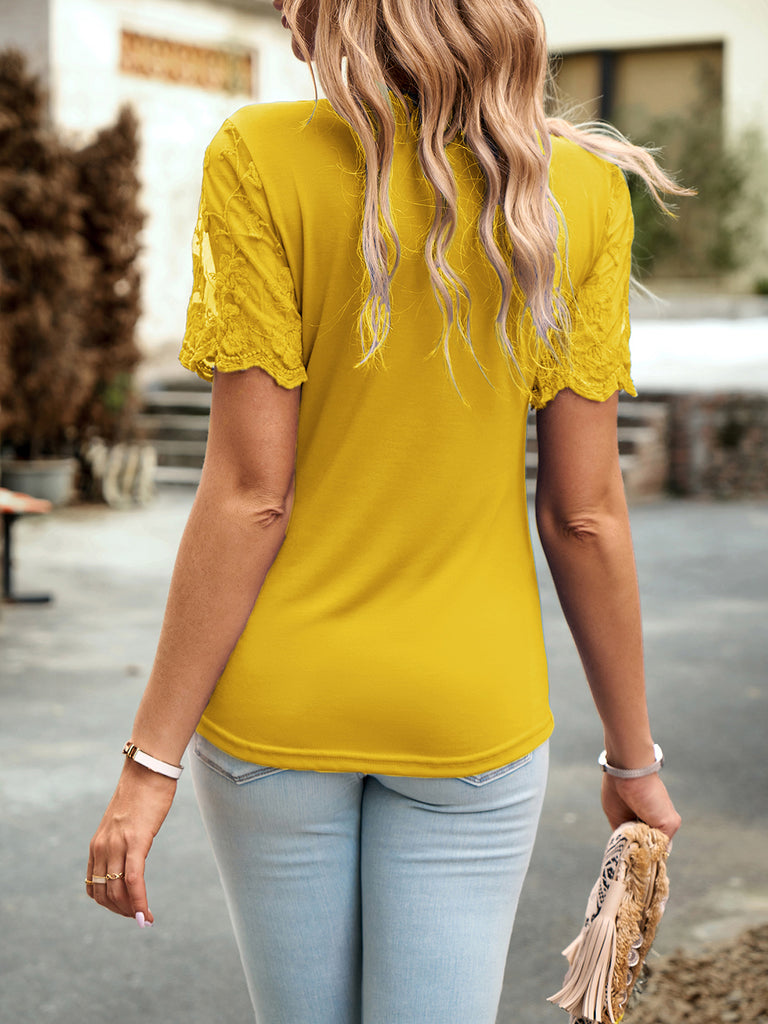 Lace Detail Round Neck Short Sleeve T-Shirt-Timber Brooke Boutique, Online Women's Fashion Boutique in Amarillo, Texas