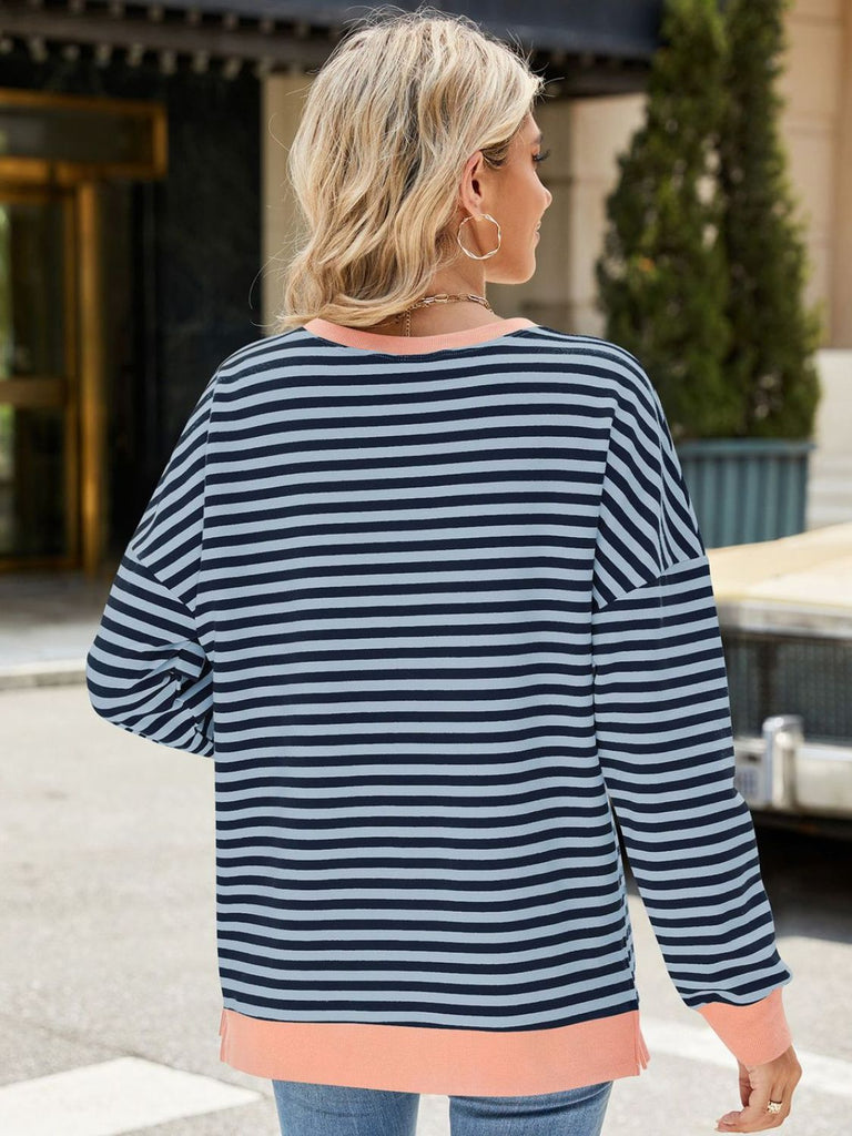 Slit Striped Round Neck Long Sleeve Sweatshirt-Timber Brooke Boutique, Online Women's Fashion Boutique in Amarillo, Texas