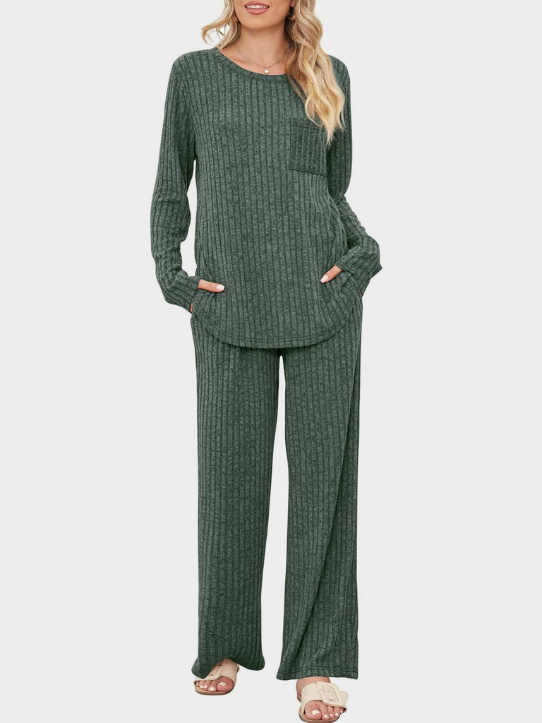 Round Neck Long Sleeve Top and Pants Set-Timber Brooke Boutique, Online Women's Fashion Boutique in Amarillo, Texas