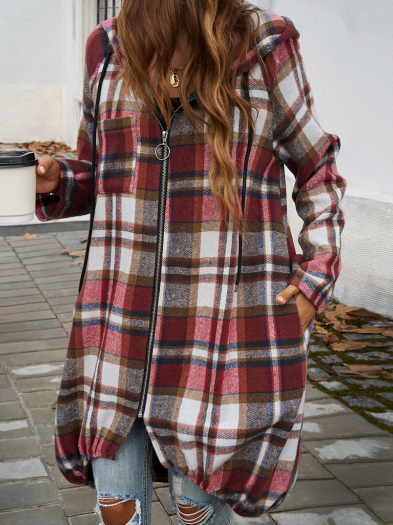 Plaid Zip Up Hooded Coat-Timber Brooke Boutique, Online Women's Fashion Boutique in Amarillo, Texas