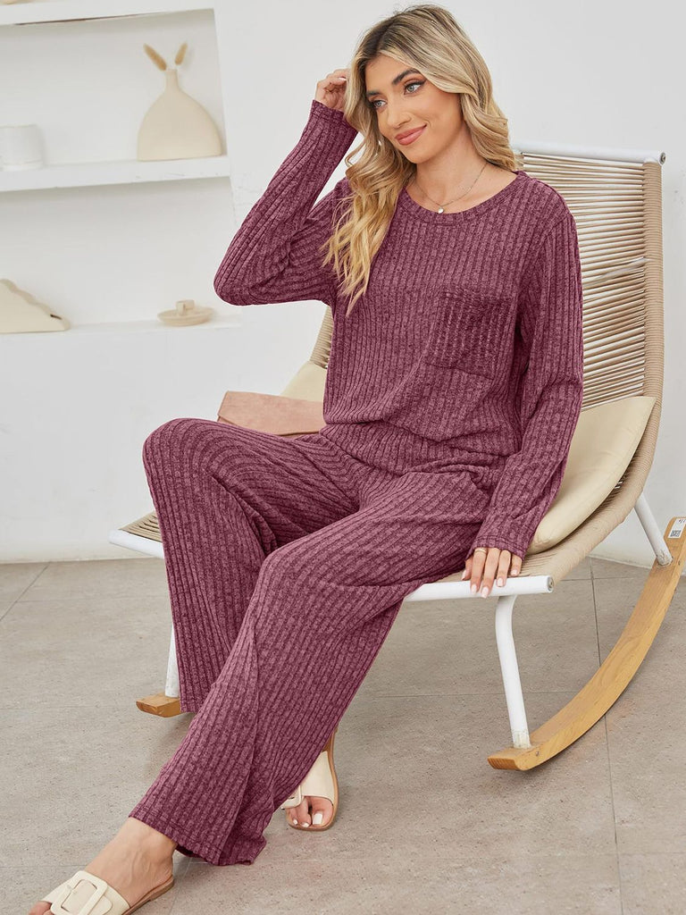 Round Neck Long Sleeve Top and Pants Set-Timber Brooke Boutique, Online Women's Fashion Boutique in Amarillo, Texas