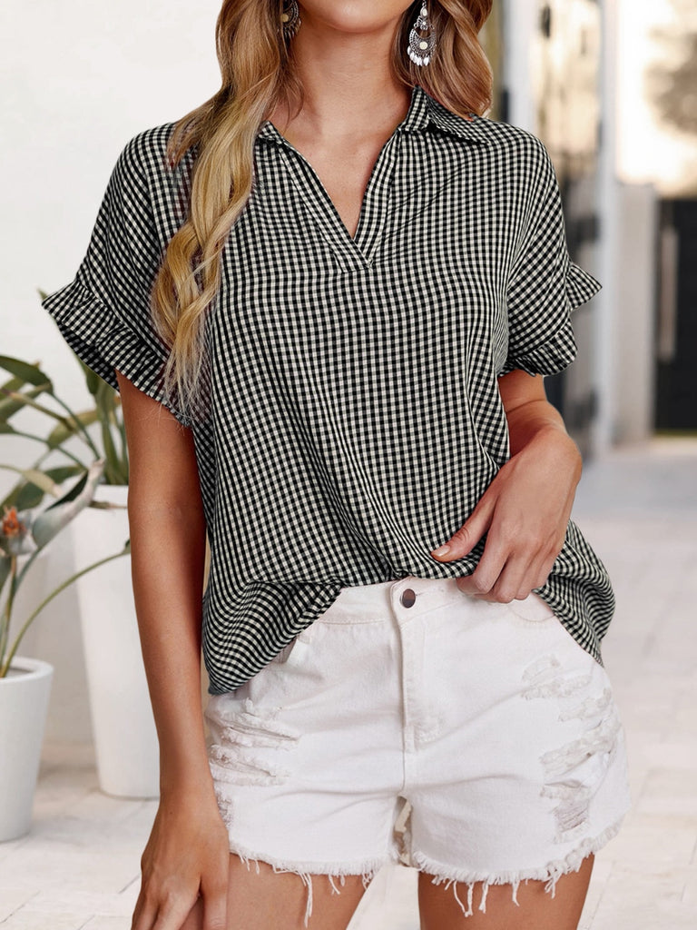 Plaid Notched Short Sleeve Blouse-Timber Brooke Boutique, Online Women's Fashion Boutique in Amarillo, Texas