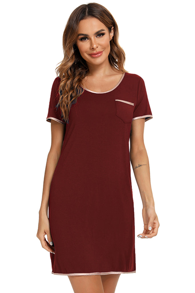 Contrast Trim Pocketed Round Neck Lounge Dress-Timber Brooke Boutique, Online Women's Fashion Boutique in Amarillo, Texas