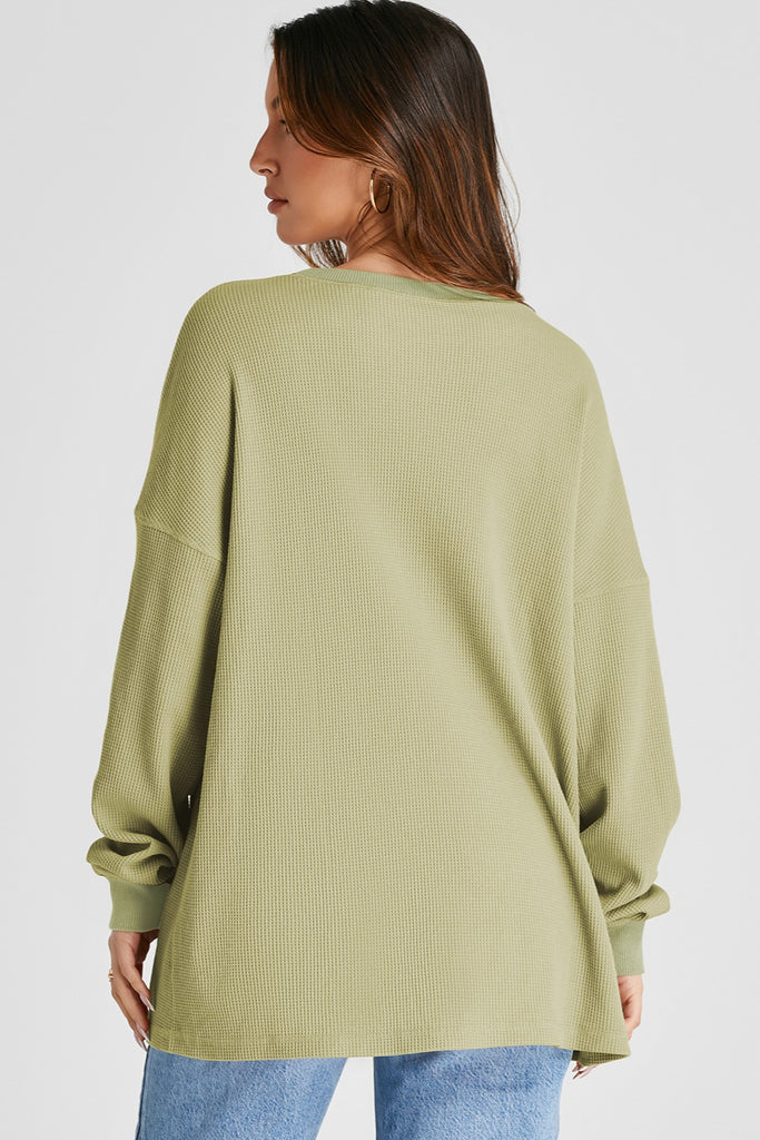 Waffle-Knit Long Sleeve Sweatshirt-Timber Brooke Boutique, Online Women's Fashion Boutique in Amarillo, Texas