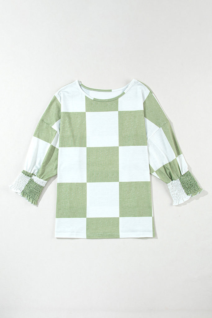 Checkered Round Neck Lantern Sleeve Top-Timber Brooke Boutique, Online Women's Fashion Boutique in Amarillo, Texas