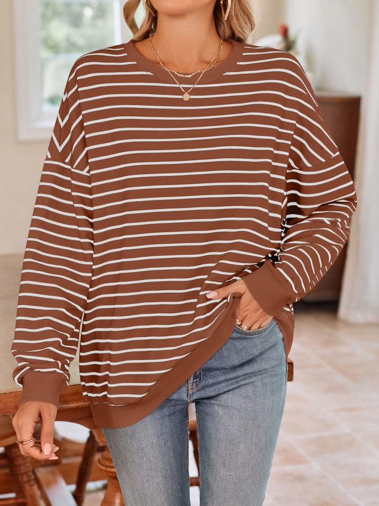 Striped Round Neck Long Sleeve Sweatshirt-Timber Brooke Boutique, Online Women's Fashion Boutique in Amarillo, Texas