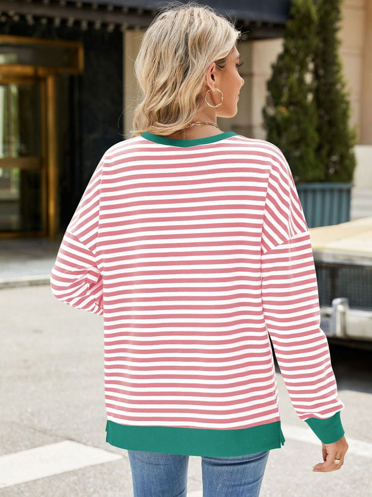 Slit Striped Round Neck Long Sleeve Sweatshirt-Timber Brooke Boutique, Online Women's Fashion Boutique in Amarillo, Texas