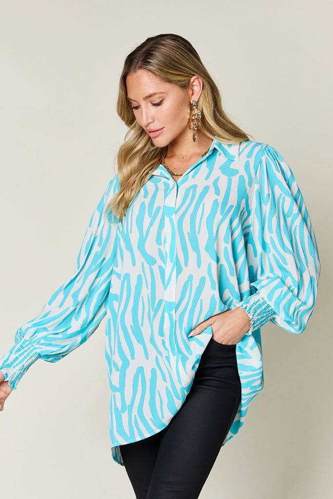 Double Take Full Size Printed Smocked Long Sleeve Blouse-Timber Brooke Boutique, Online Women's Fashion Boutique in Amarillo, Texas