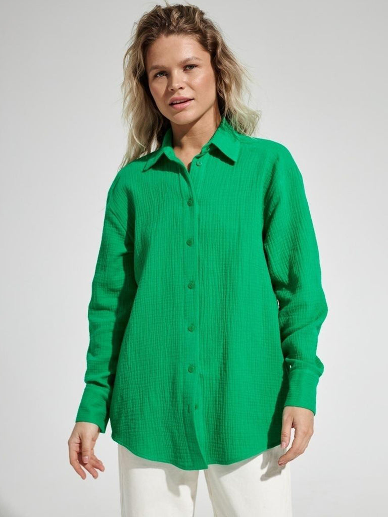 Textured Collared Neck Long Sleeve Shirt-Timber Brooke Boutique, Online Women's Fashion Boutique in Amarillo, Texas