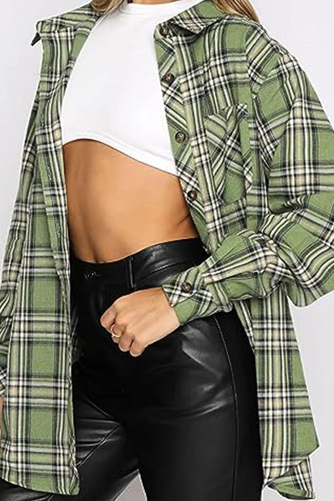 Plaid Collared Neck Long Sleeve Shirt-Timber Brooke Boutique, Online Women's Fashion Boutique in Amarillo, Texas