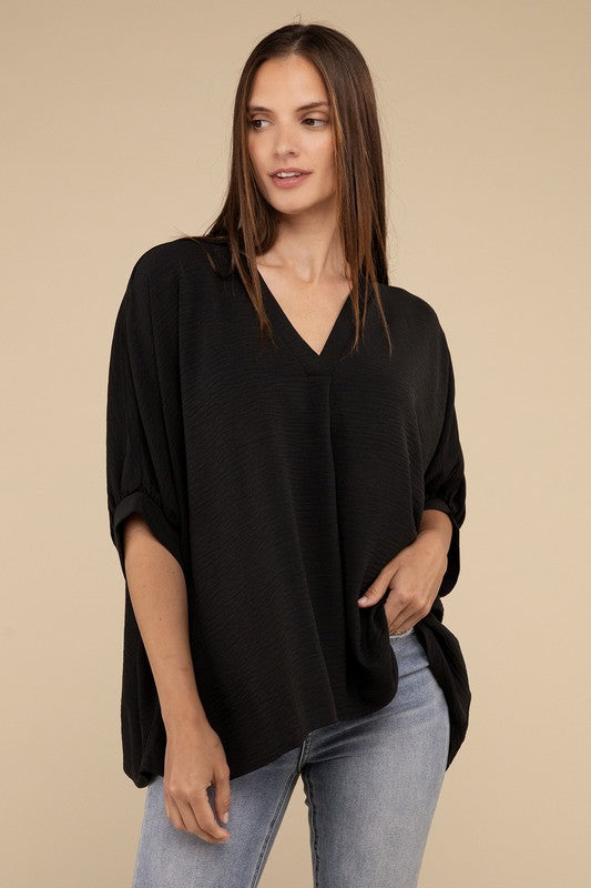 Woven Airflow V-Neck Puff Half Sleeve Top-Timber Brooke Boutique, Online Women's Fashion Boutique in Amarillo, Texas