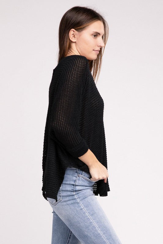 3/4 Sleeve V-Neck Hi-Low Hem Jacquard Sweater-Timber Brooke Boutique, Online Women's Fashion Boutique in Amarillo, Texas