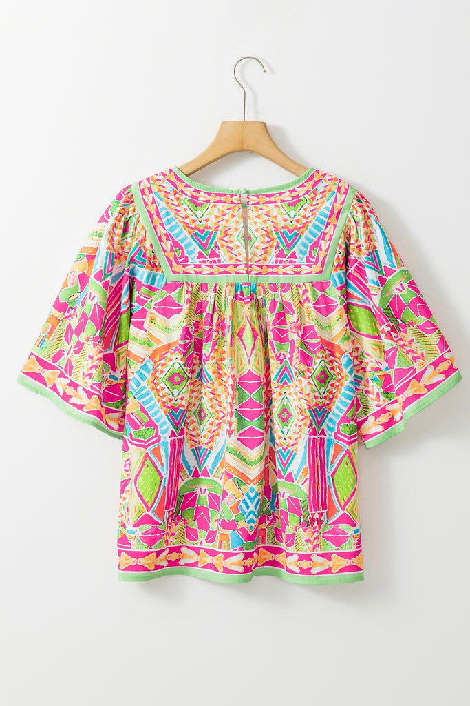 Printed Round Neck Half Sleeve Blouse-Timber Brooke Boutique, Online Women's Fashion Boutique in Amarillo, Texas