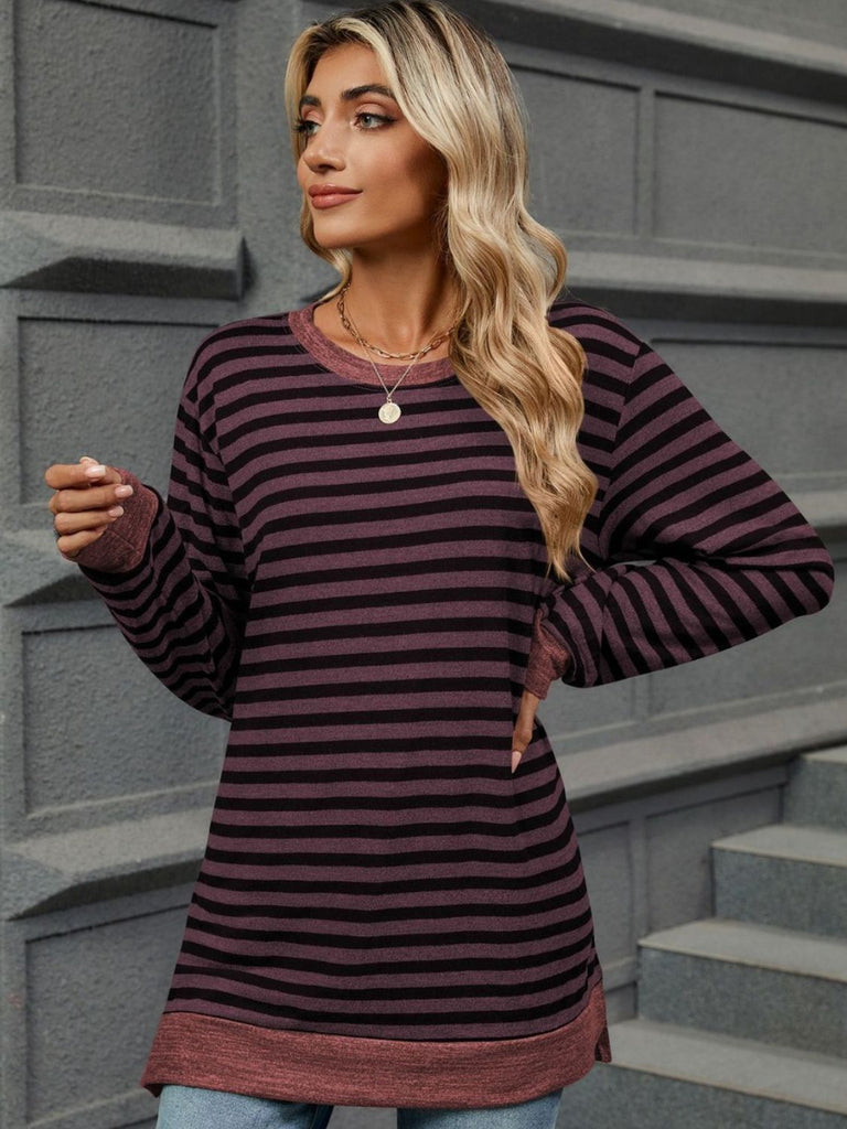 Striped Round Neck Long Sleeve T-Shirt-Timber Brooke Boutique, Online Women's Fashion Boutique in Amarillo, Texas