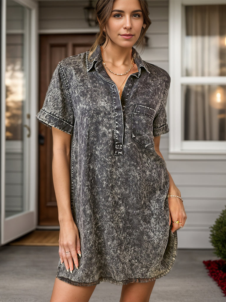 Pocketed Collared Neck Short Sleeve Denim Dress-Timber Brooke Boutique, Online Women's Fashion Boutique in Amarillo, Texas
