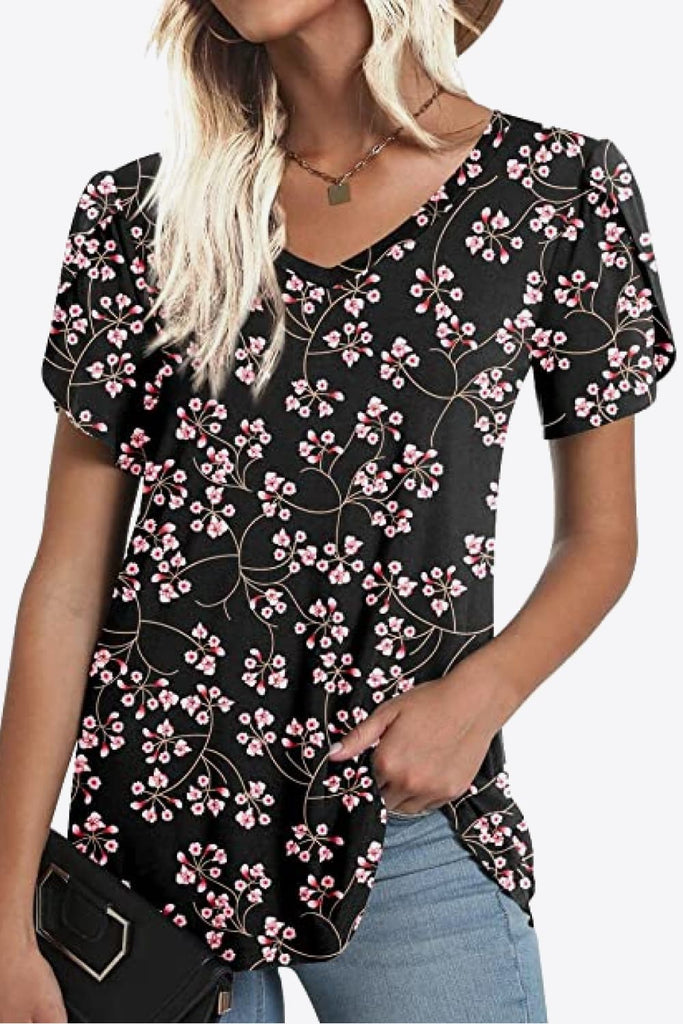 Printed Petal Sleeve V-Neck Blouse-Timber Brooke Boutique, Online Women's Fashion Boutique in Amarillo, Texas