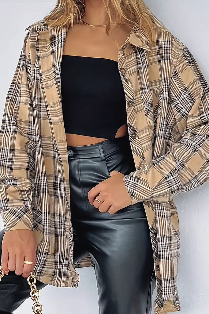 Plaid Collared Neck Long Sleeve Shirt-Timber Brooke Boutique, Online Women's Fashion Boutique in Amarillo, Texas