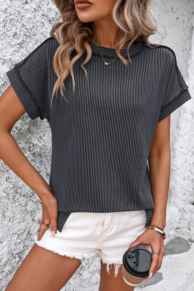 Striped Round Neck Short Sleeve T-Shirt-Timber Brooke Boutique, Online Women's Fashion Boutique in Amarillo, Texas