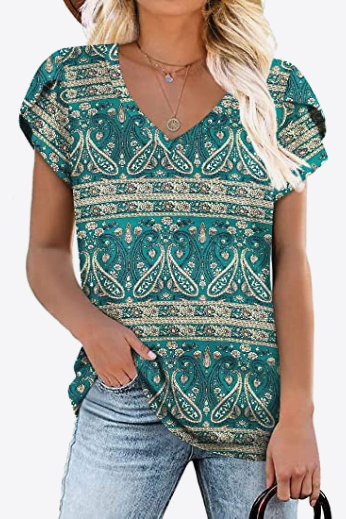 Printed Petal Sleeve V-Neck Blouse-Timber Brooke Boutique, Online Women's Fashion Boutique in Amarillo, Texas