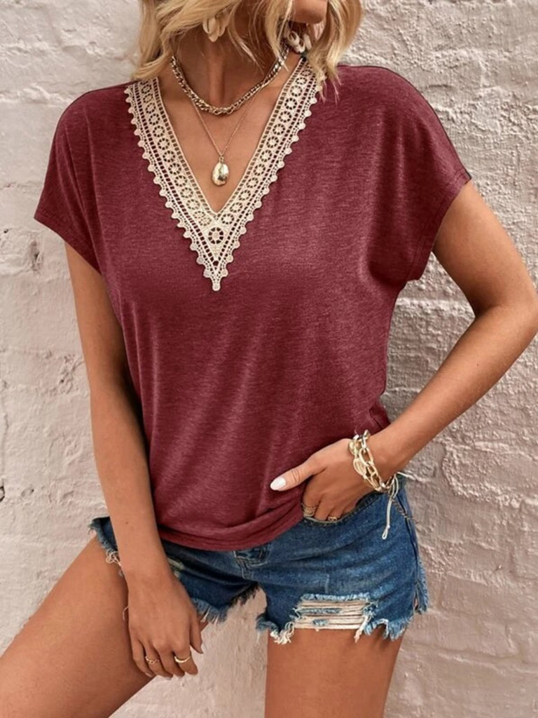 Full Size Lace Detail V-Neck Short Sleeve T-Shirt-Timber Brooke Boutique, Online Women's Fashion Boutique in Amarillo, Texas