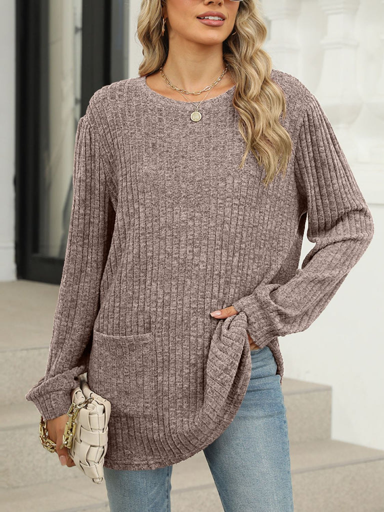 Pocketed Round Neck Long Sleeve T-Shirt-Timber Brooke Boutique, Online Women's Fashion Boutique in Amarillo, Texas