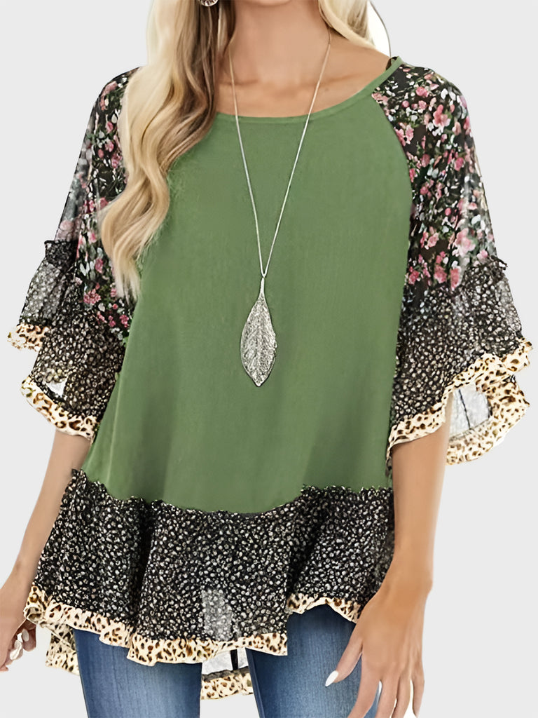 Full Size Frill Printed Round Neck Half Sleeve Blouse-Timber Brooke Boutique, Online Women's Fashion Boutique in Amarillo, Texas