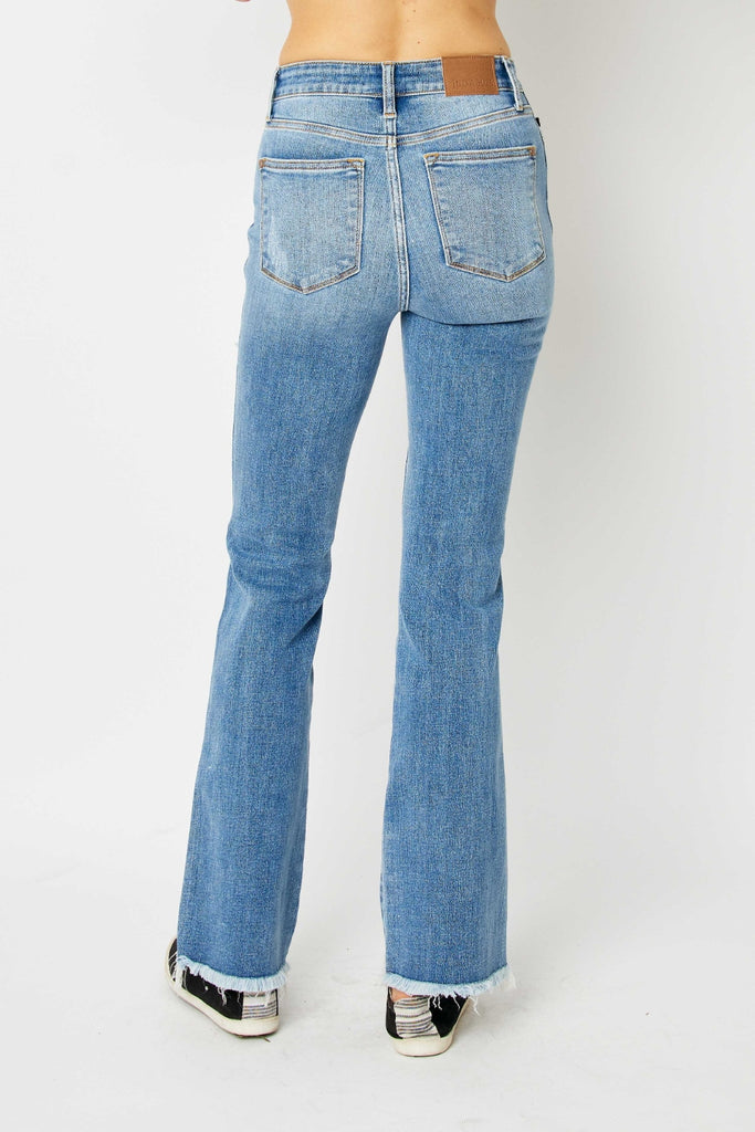 Judy Blue Full Size Distressed Raw Hem Bootcut Jeans-Timber Brooke Boutique, Online Women's Fashion Boutique in Amarillo, Texas