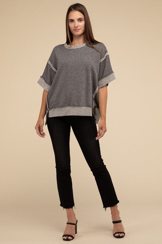 Contrast Trim Top Stitching Drop Shoulder Top-Timber Brooke Boutique, Online Women's Fashion Boutique in Amarillo, Texas