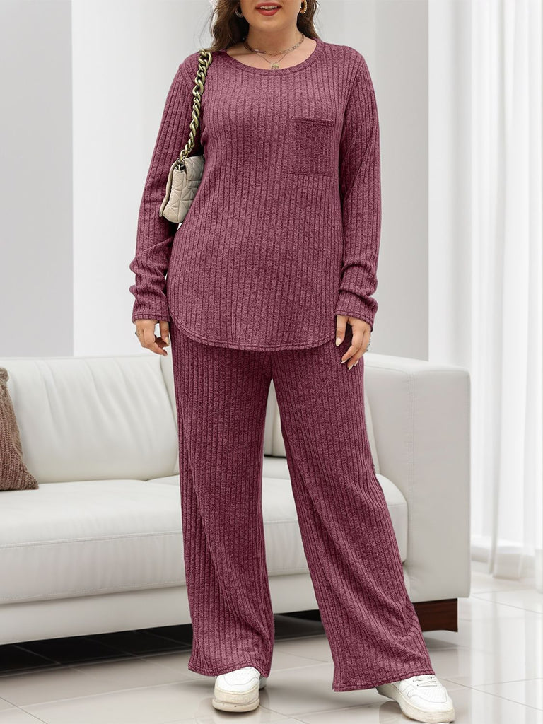 Round Neck Long Sleeve Top and Pants Set-Timber Brooke Boutique, Online Women's Fashion Boutique in Amarillo, Texas