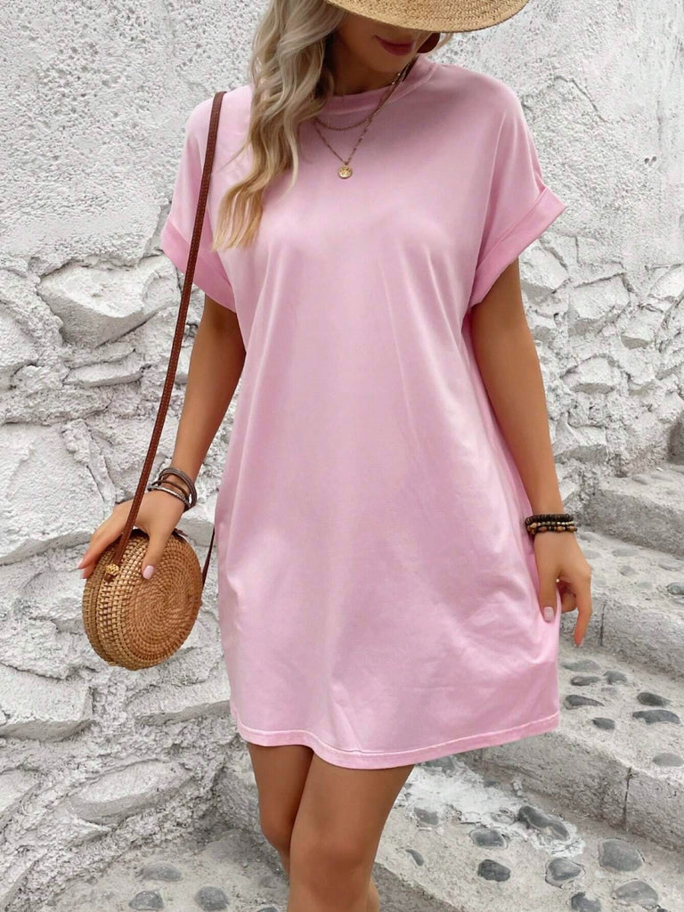 Round Neck Short Sleeve Mini Dress-Timber Brooke Boutique, Online Women's Fashion Boutique in Amarillo, Texas