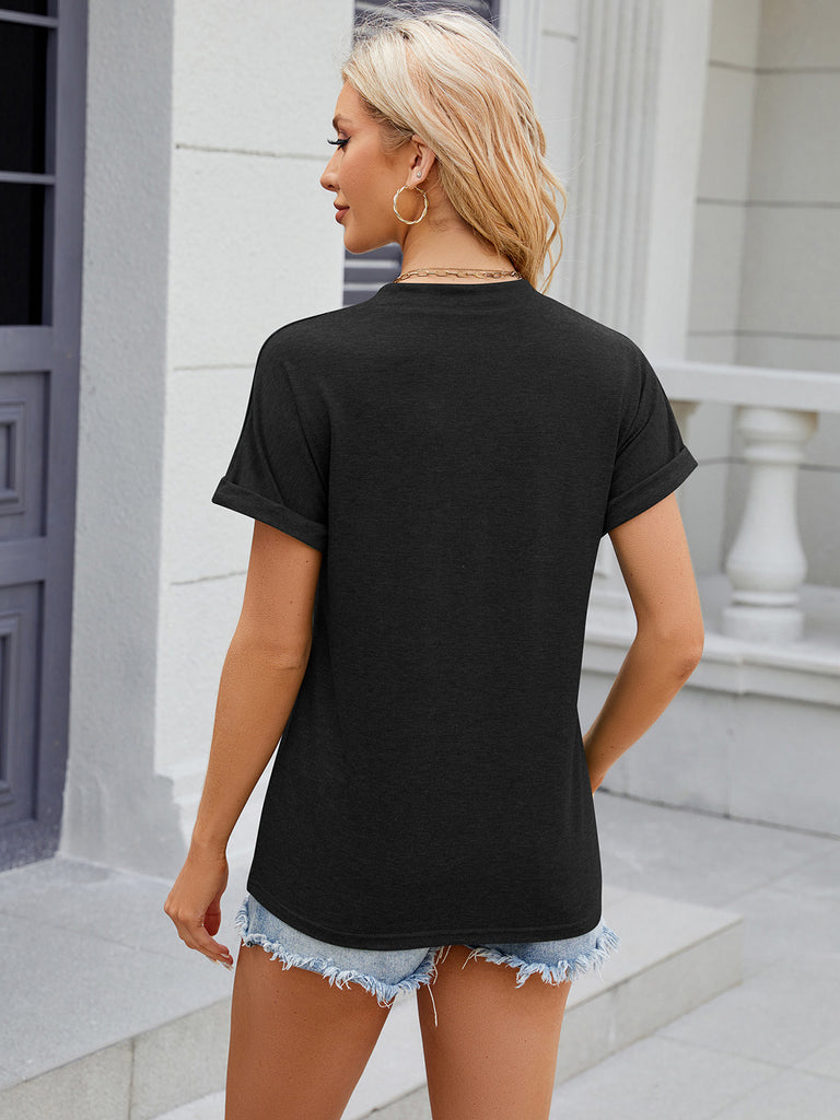 Decorative Button Notched Short Sleeve T-Shirt-Timber Brooke Boutique, Online Women's Fashion Boutique in Amarillo, Texas