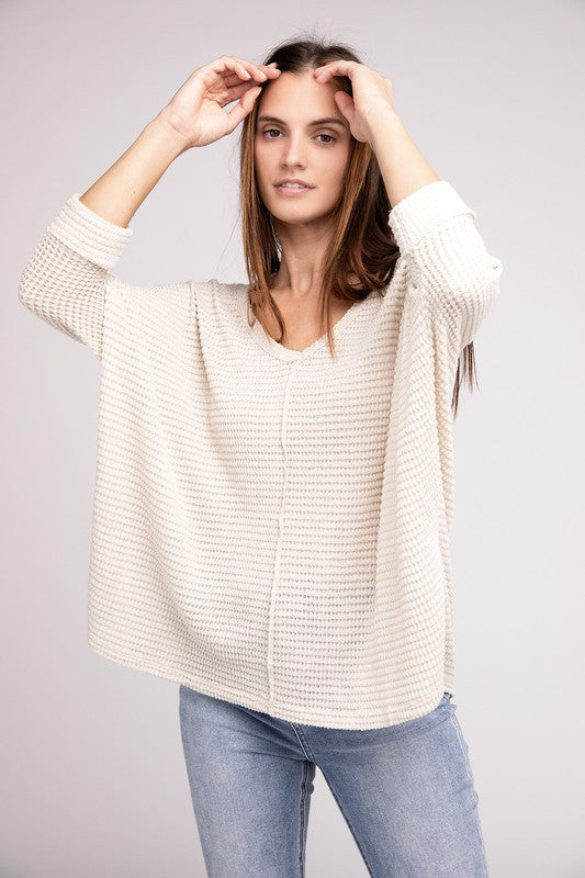 3/4 Sleeve V-Neck Hi-Low Hem Jacquard Sweater-Timber Brooke Boutique, Online Women's Fashion Boutique in Amarillo, Texas