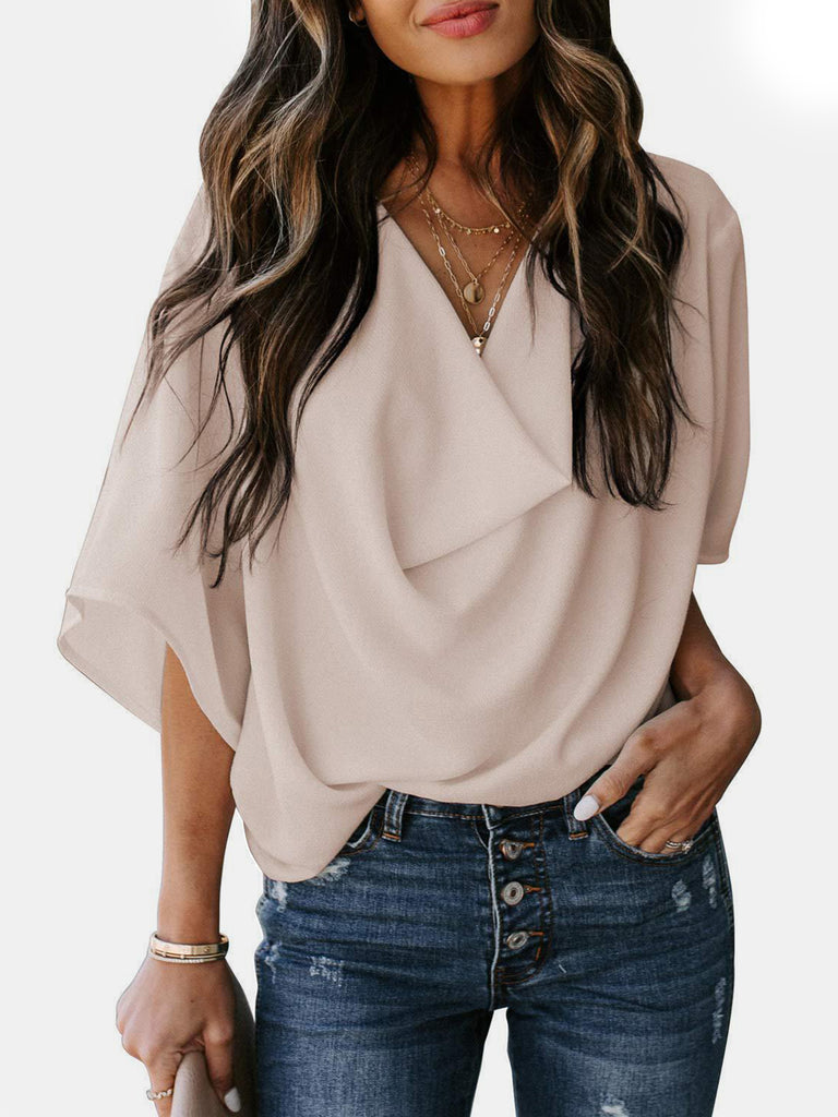 Full Size Cowl Neck Three-Quarter Sleeve Blouse-Timber Brooke Boutique, Online Women's Fashion Boutique in Amarillo, Texas