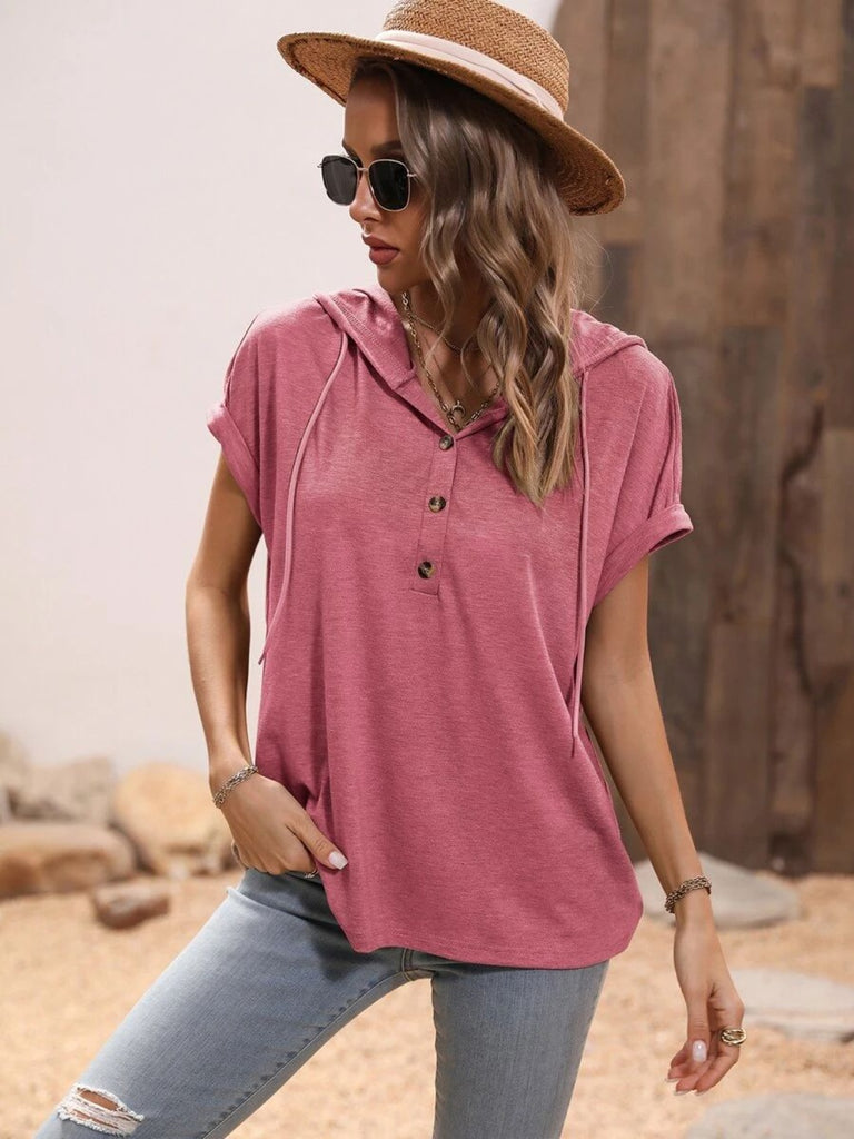 Half Button Hooded Short Sleeve Blouse-Timber Brooke Boutique, Online Women's Fashion Boutique in Amarillo, Texas