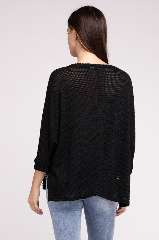 3/4 Sleeve V-Neck Hi-Low Hem Jacquard Sweater-Timber Brooke Boutique, Online Women's Fashion Boutique in Amarillo, Texas