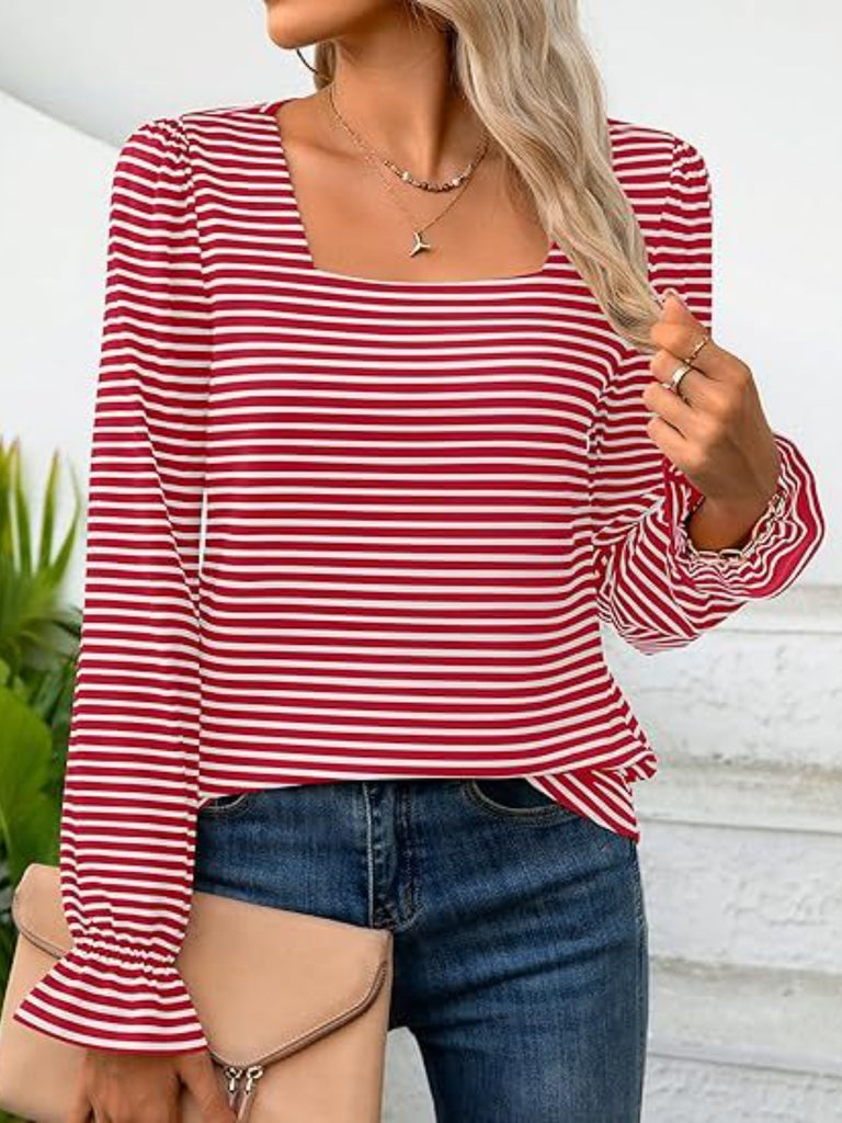 Striped Square Neck Flounce Sleeve Top-Timber Brooke Boutique, Online Women's Fashion Boutique in Amarillo, Texas