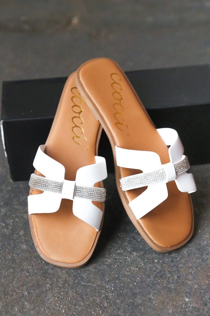 White Vegan Leather & Rhinestone Slide Sandals-Shoes-Timber Brooke Boutique, Online Women's Fashion Boutique in Amarillo, Texas