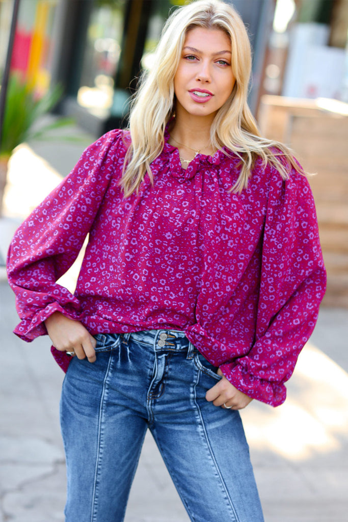 Magenta In Your Dreams Ditzy Floral Frill Neck Top-Timber Brooke Boutique, Online Women's Fashion Boutique in Amarillo, Texas