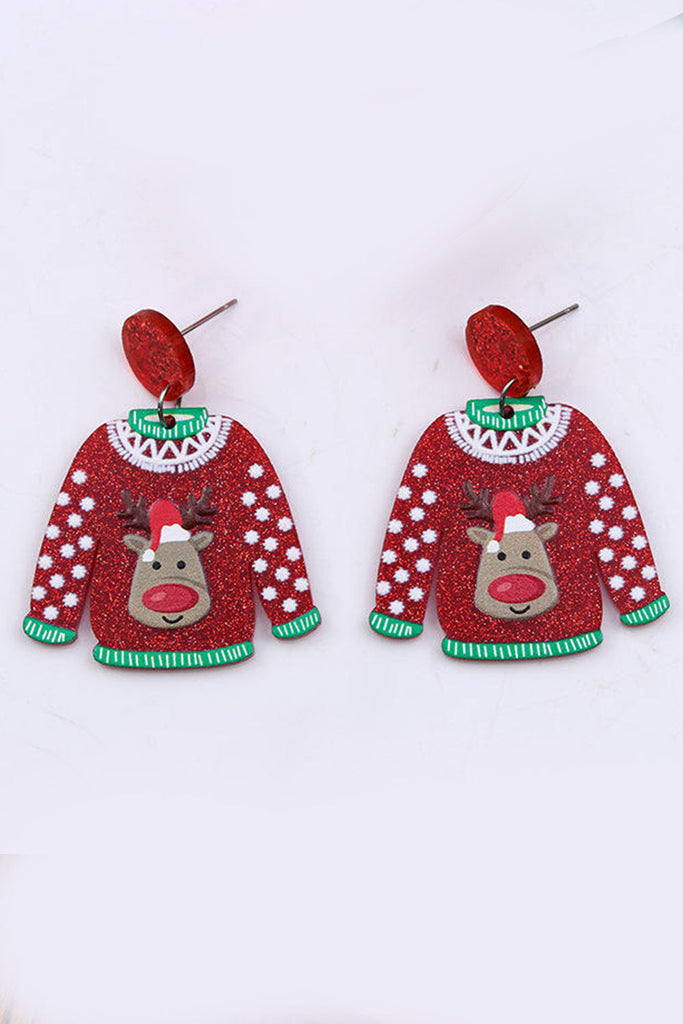 Red Acrylic Reindeer Dangle Earrings-Timber Brooke Boutique, Online Women's Fashion Boutique in Amarillo, Texas