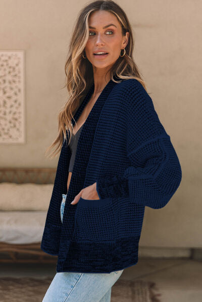Waffle-knit Pocketed Open Front Cardigan-Timber Brooke Boutique, Online Women's Fashion Boutique in Amarillo, Texas